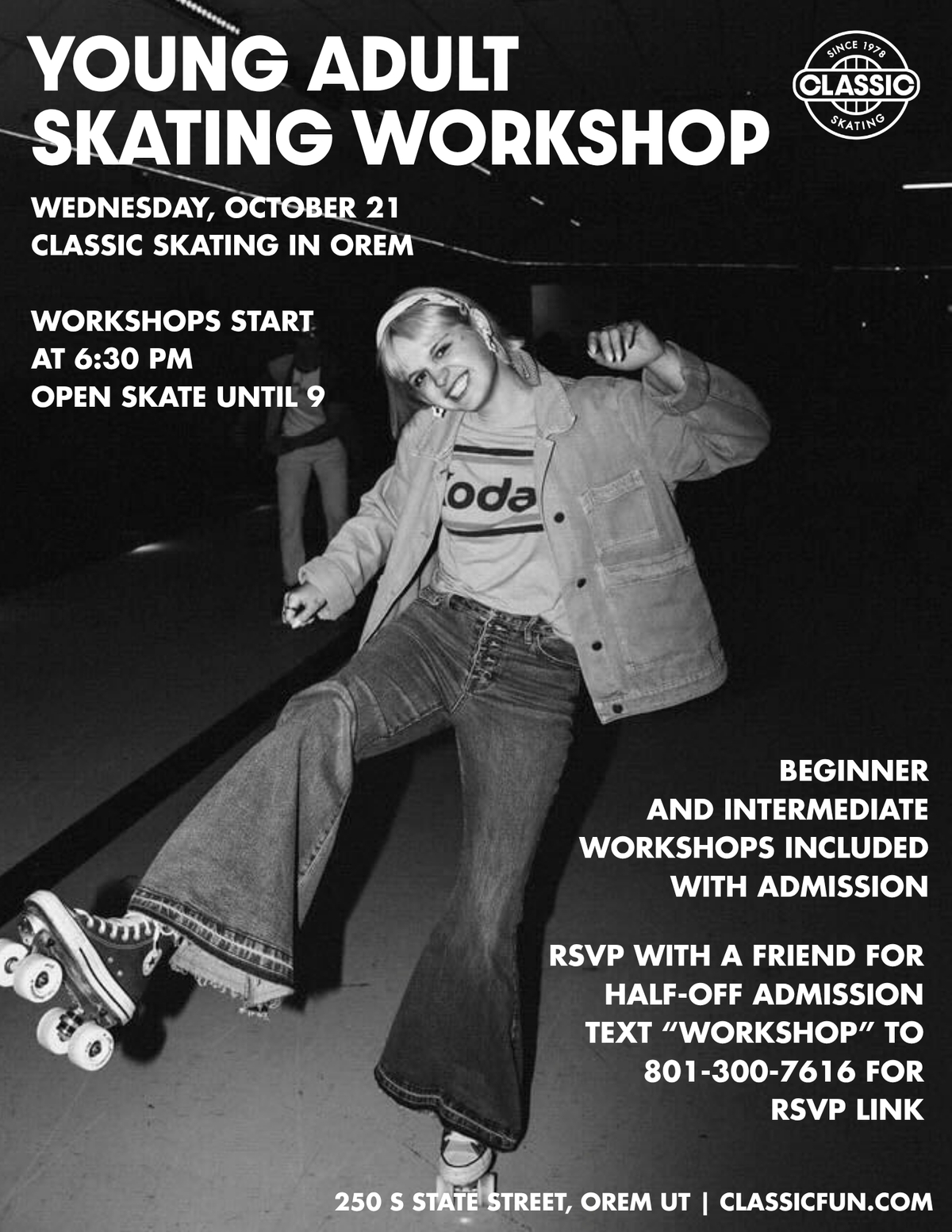 Young Adult Skating Workshop at Classic Fun Center Orem on Wednesday, October 21, 2026
