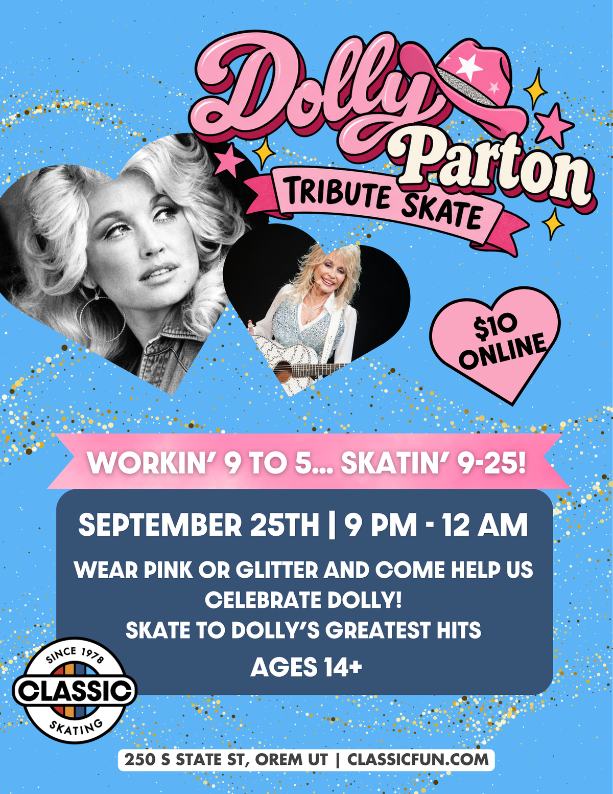 Dolly Parton Tribute Skate at Classic Fun Center Orem on September 25 from 9 PM to midnight