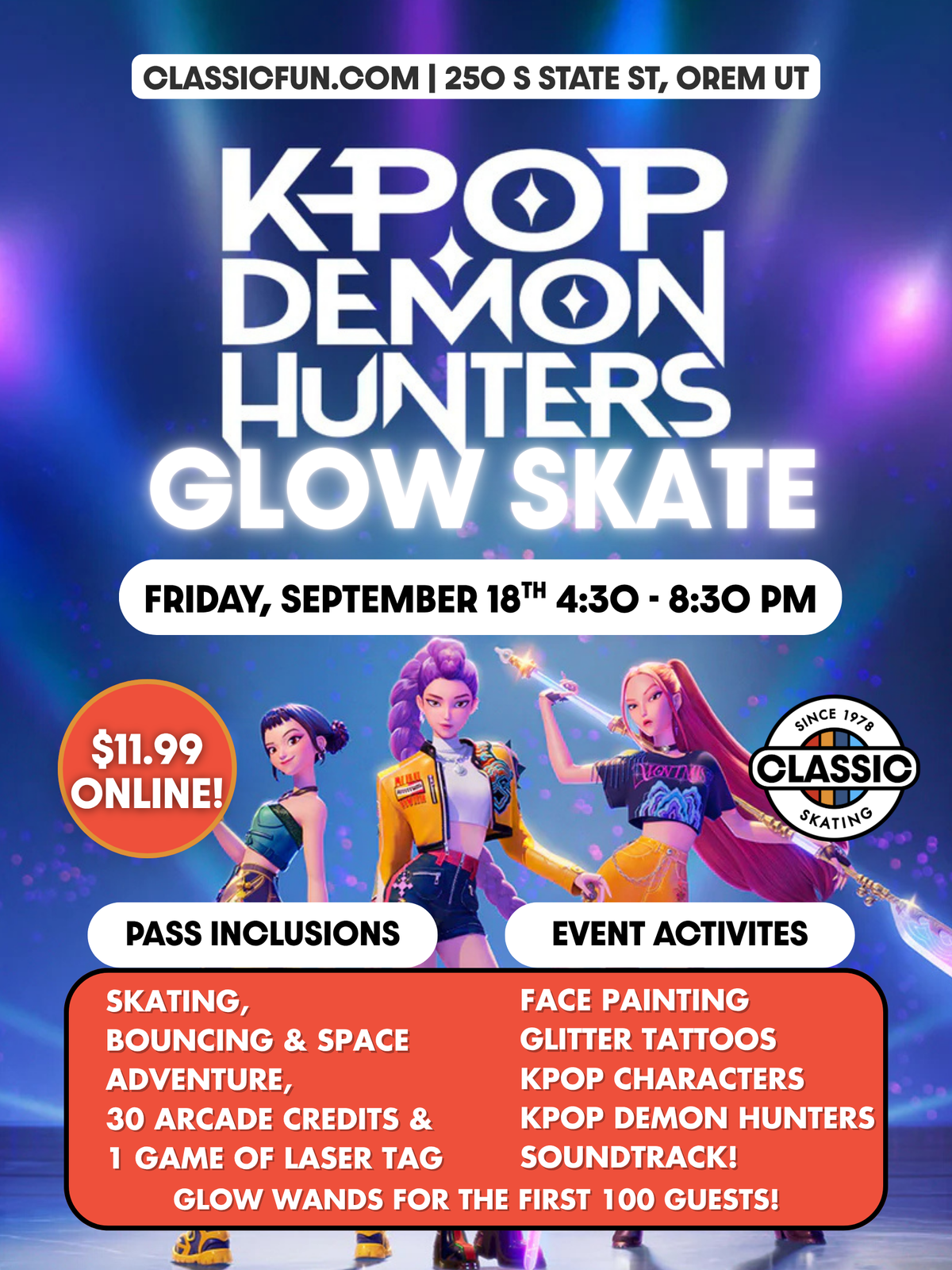 K-Pop Demon Hunters Glow Skate at Classic Fun Center Orem on September 18