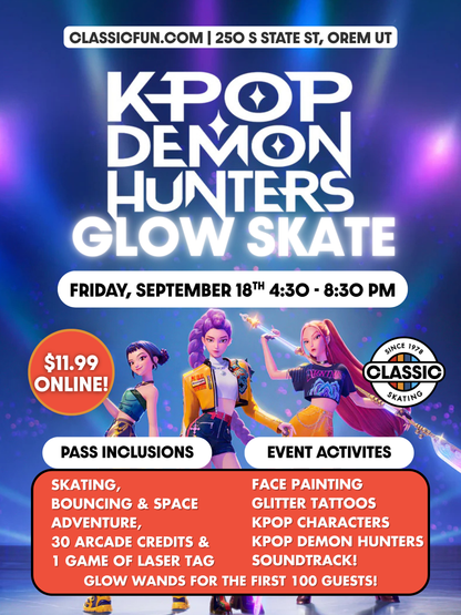 K-Pop Demon Hunters Glow Skate at Classic Fun Center Orem on September 18
