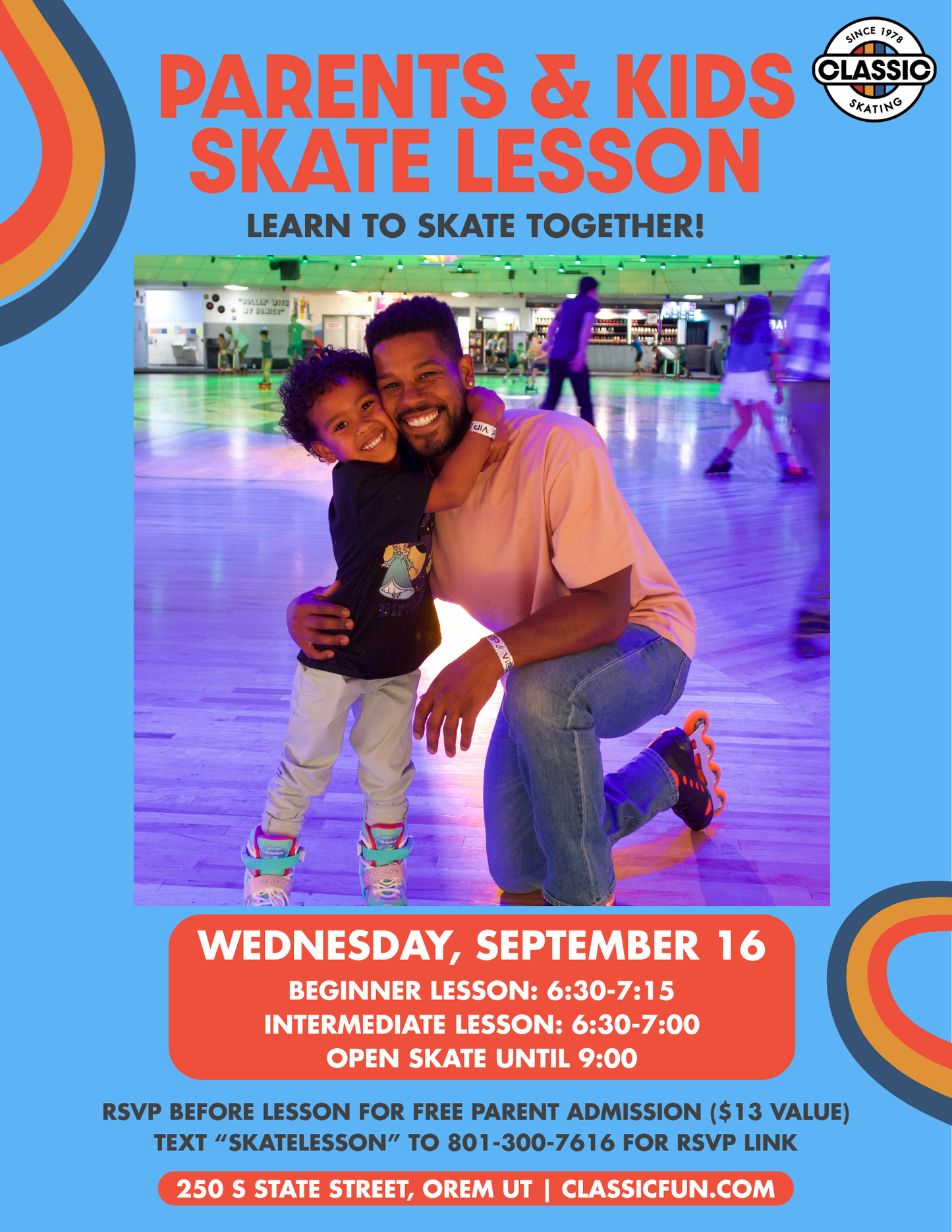 Parents and Kids Skate Lesson at Classic Fun Center Orem on Wednesday, September 16